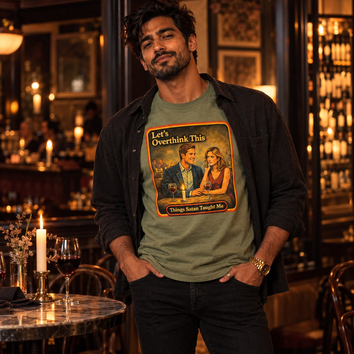 Model wearing the Let's Overthink This tee in sage by Things Satan Taught Me
