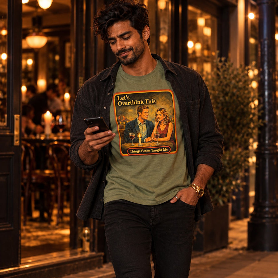Model walking in the Let's Overthink This tee in sage by Things Satan Taught Me