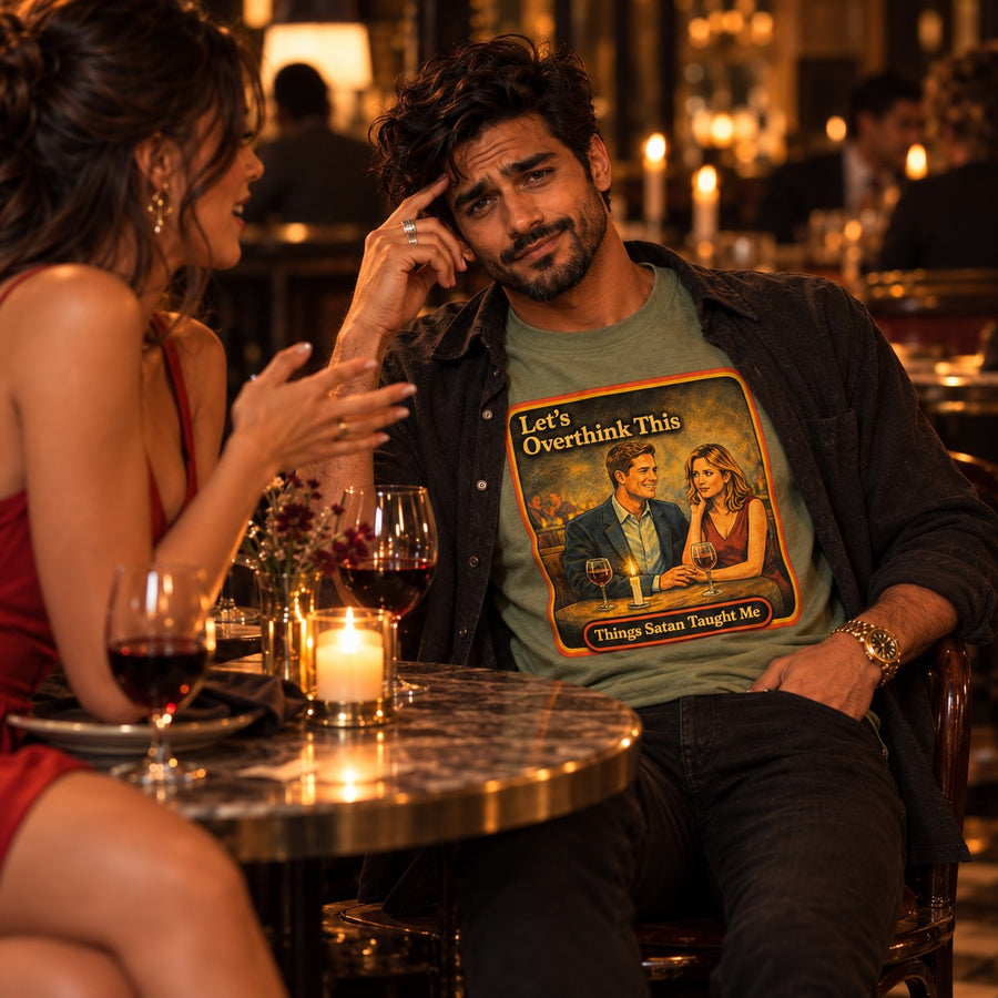 Model with friends wearing the Let's Overthink This tee in sage by Things Satan Taught Me