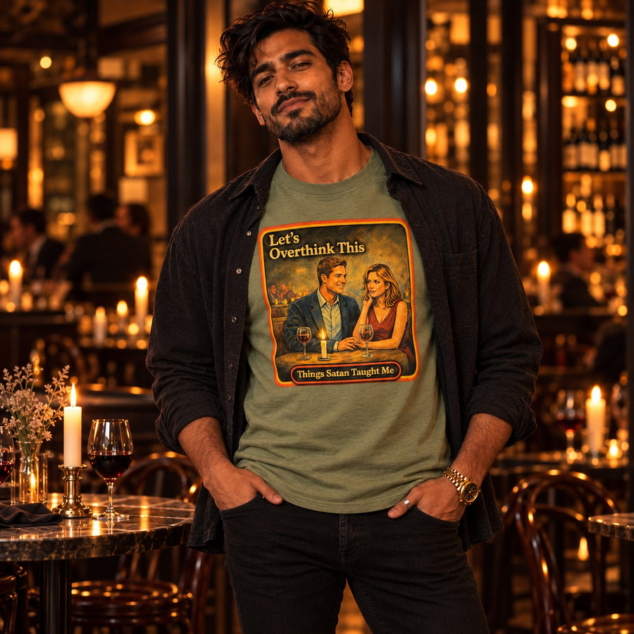Model wearing the Let's Overthink This tee in sage by Things Satan Taught Me